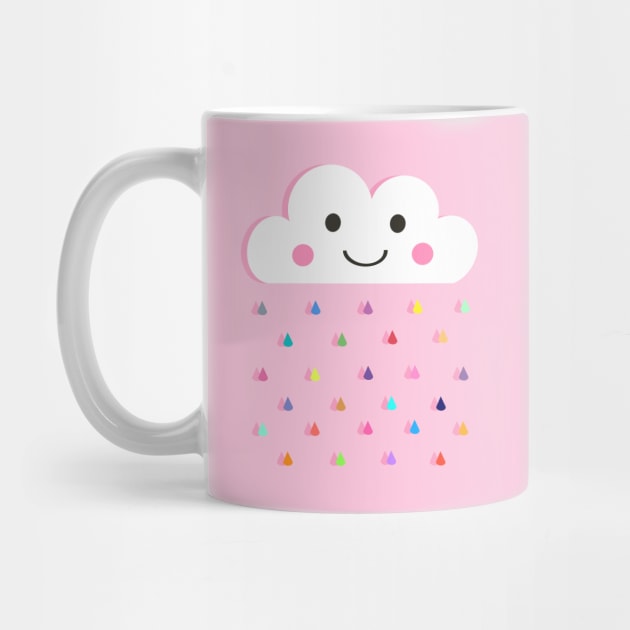 Rainbow Raindrops, Happy Rain Cloud, on Pink by OneThreeSix